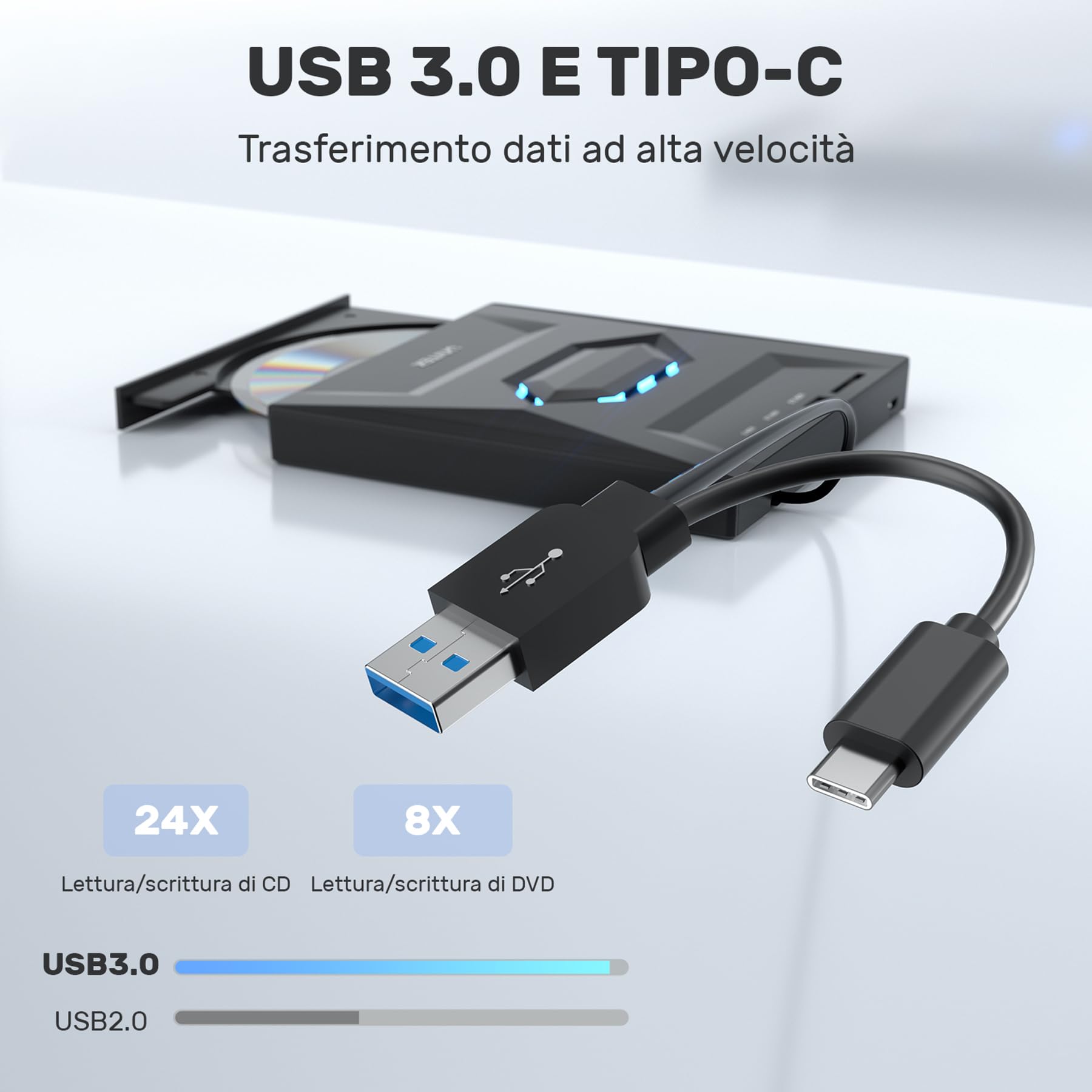 UNITEK Masterizzatore esterno USB 3.0&Type C Unità CD/DVD esterna -/+RW con slot per scheda SD per PC Laptop, Desktop, Portatile, Macbook Pro/Air per Windows 11/10/8.1/7/XP/Vista/Linux/MacOS