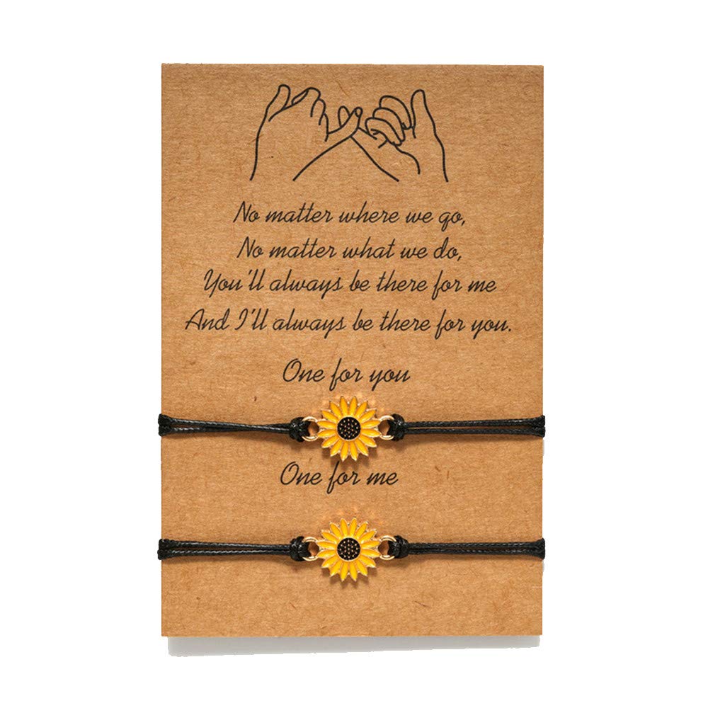 N/Q 2 Pcs Bohemian Waterproof String Sunflower Flower Daisy Matching Anklet Bracelets for Women Mens Couples Adjustable Wax Thread Plant Bracelets Best Friend Friendship Jewelry