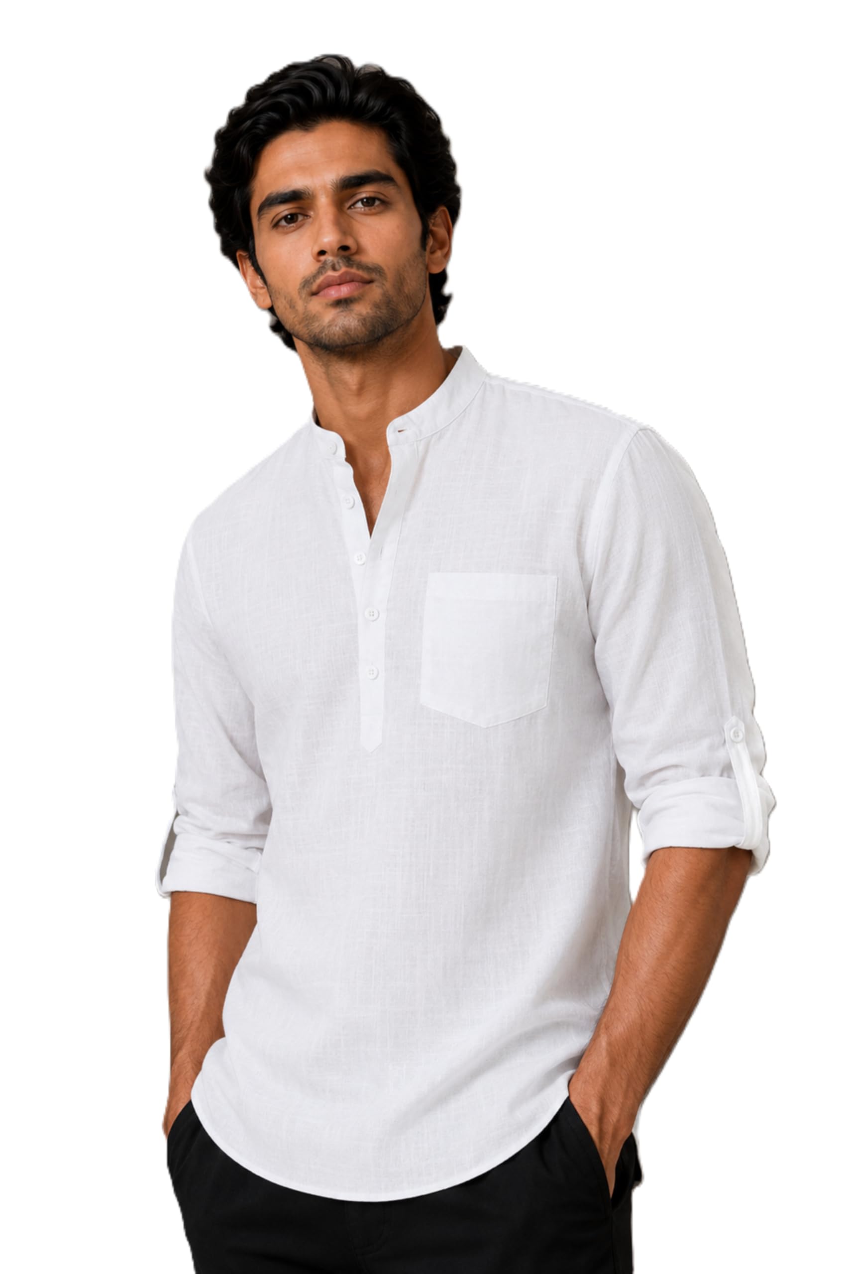 qashida Men's Cotton Linen Blend Relax Fit Short Kurta | Mandarin Collar | Roll-Up Sleeves | Hip Length | Solid White-picture-11