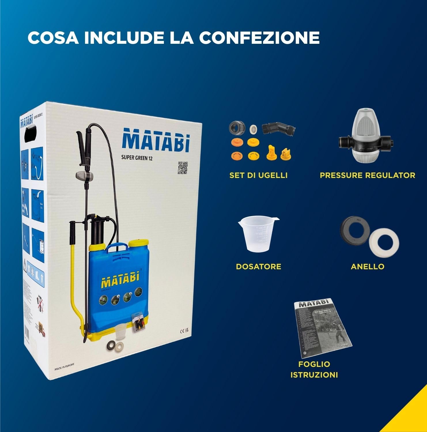Matabi Super Green 12 - Spruzzatore 12 L - Lancia Fibra e 4 Ugelli | Pompa manuale con regolatore di pressione e tubo 1,3 m - zaino irroratore con miscelatore e dosatore