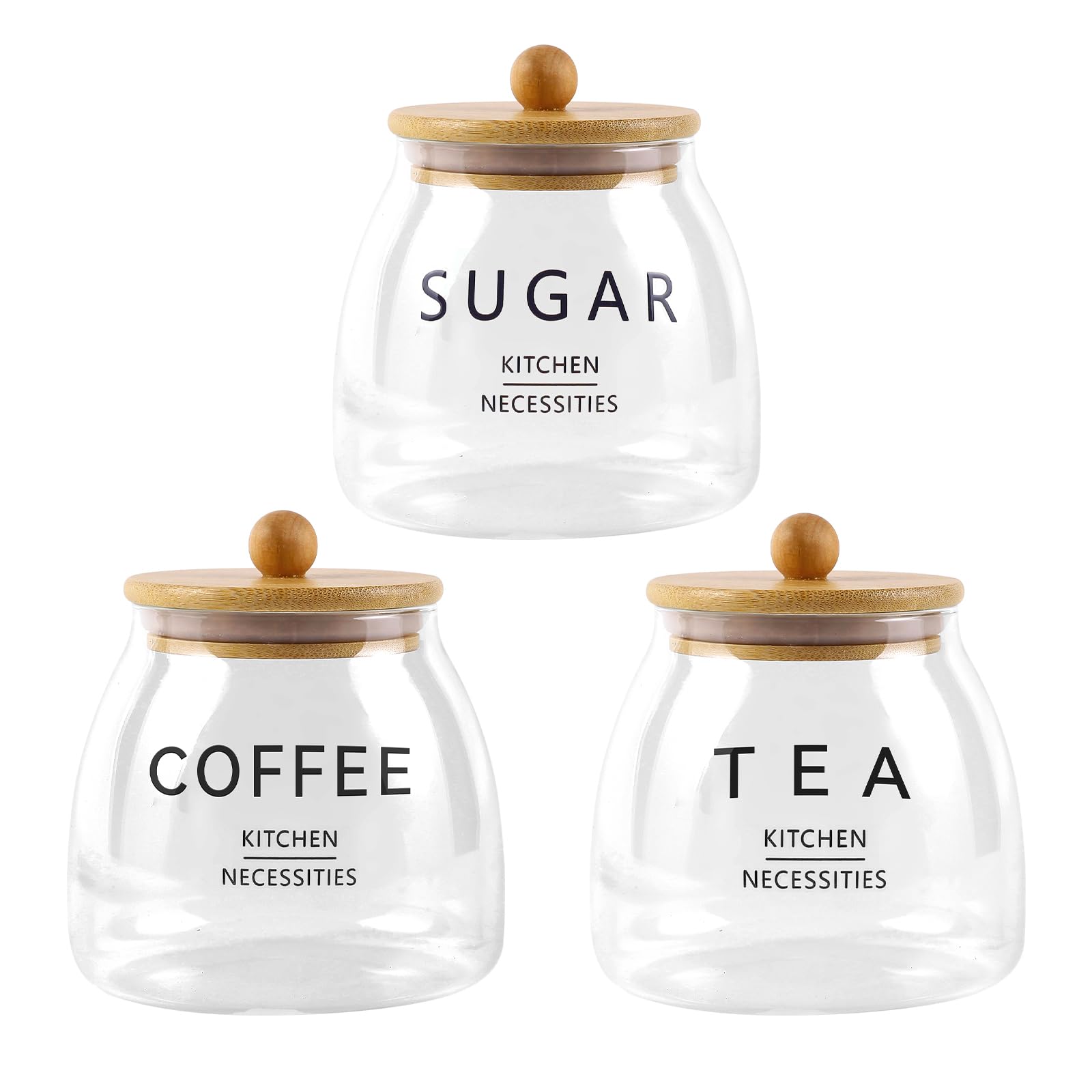 Hafuvool Tea Coffee and Sugar Canisters Set, Set of 3 650ml Airtight Glass Storage Jars with Bamboo Lids Easy to Open Tea Coffee Sugar Jars Kitchen Canisters