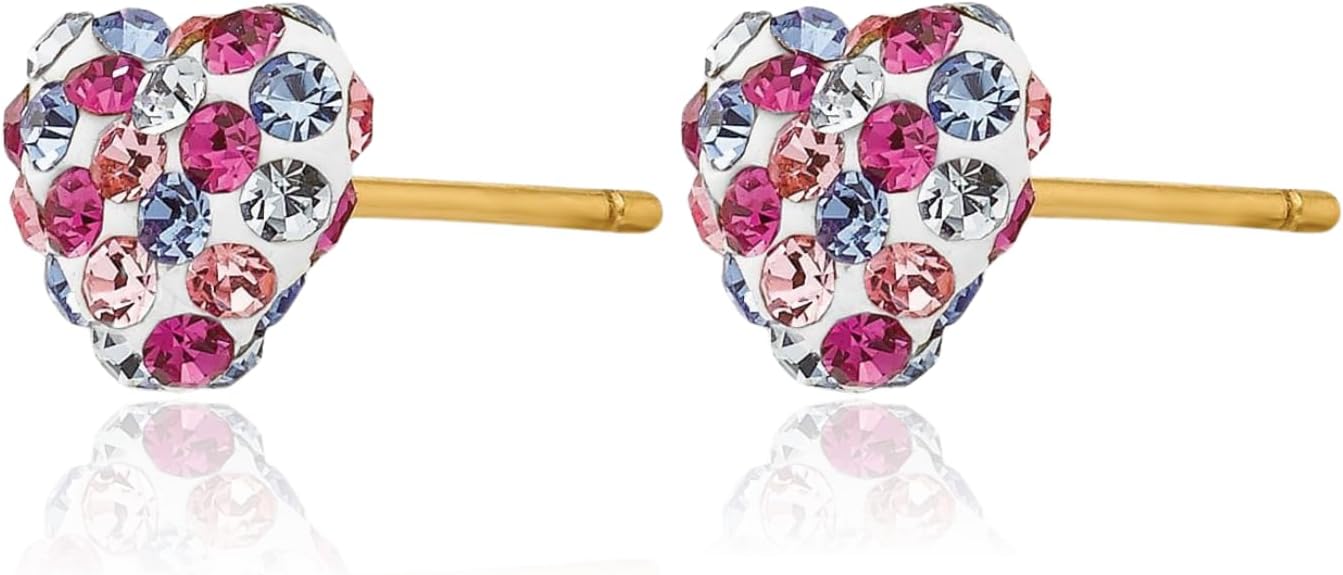 14K Solid Yellow Gold Crystal Medium Multi color Heart Cluster Stud Earrings 6mm 1/4 inch Round Cut, Simulated, Prong Set, Butterfly Back for her IceCarats