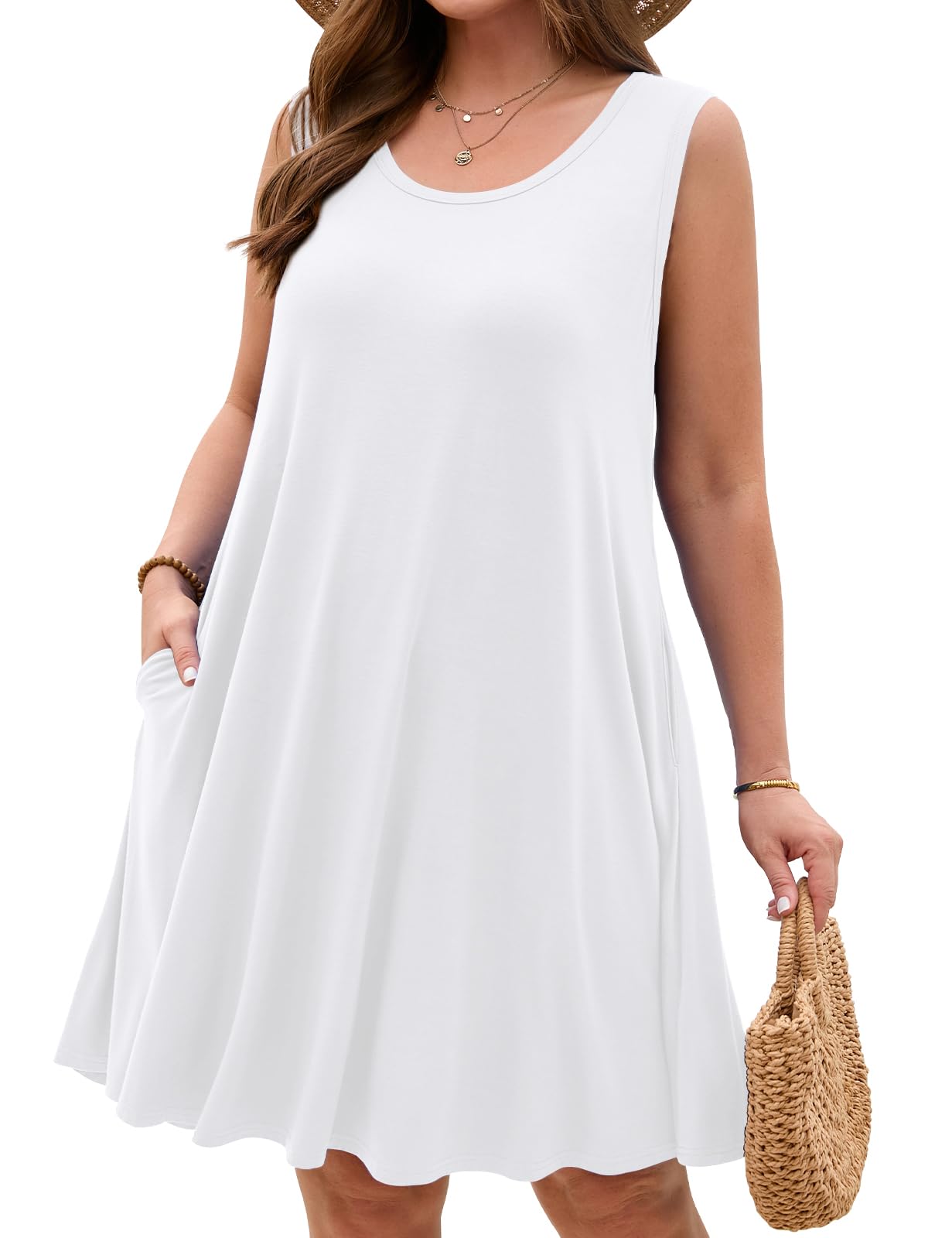JollieLovin Women Plus Size Curvy Summer Tank Sun Dresses Sleeveless Causal T-Shirt Dress Beach Swing Cover up(L-5X)