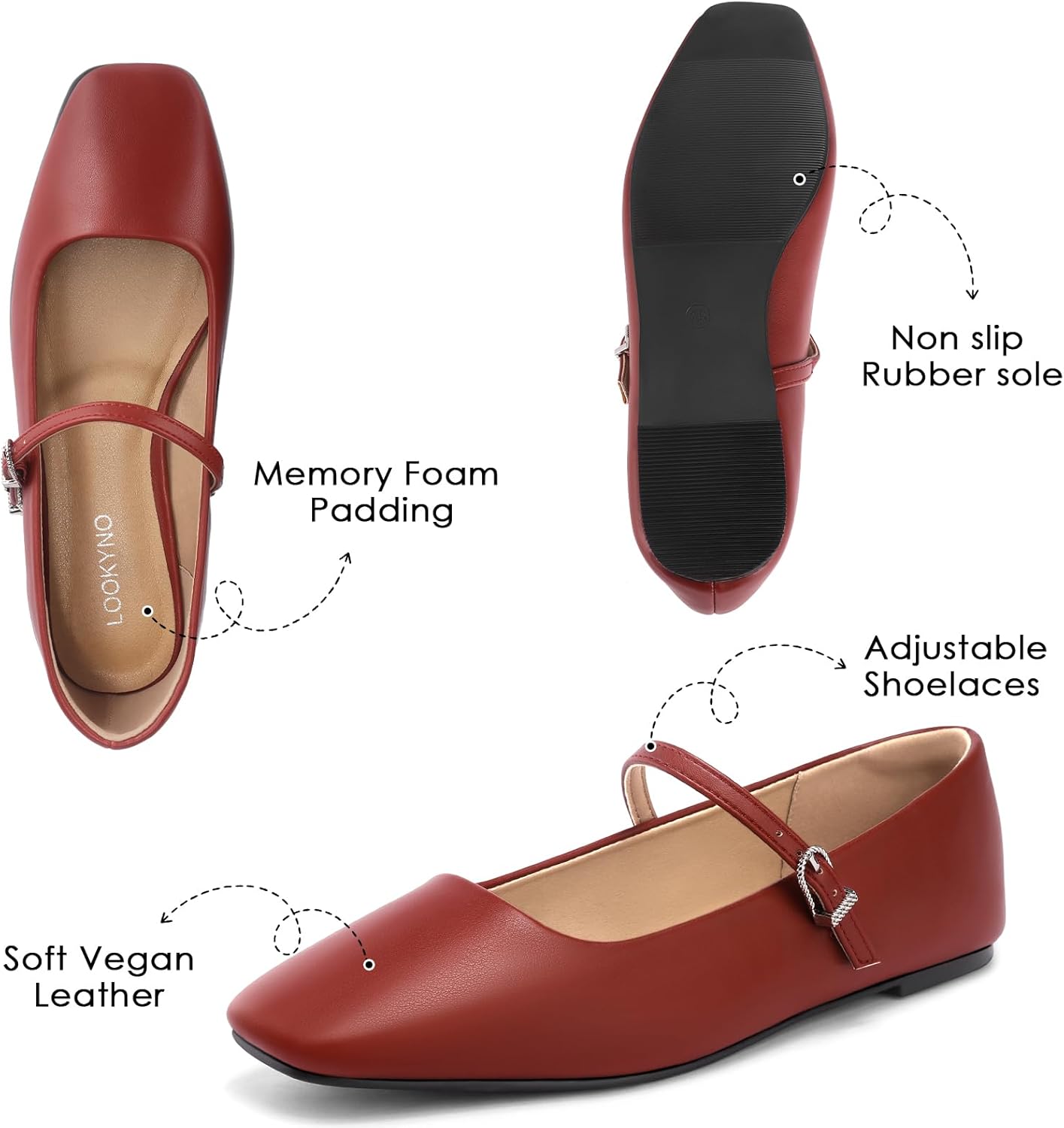 Womens Ballet Mary Jane Flats Shoes Adjustable Strap Square Closed Toe Chic Footwear with Latex Insole - Image 5