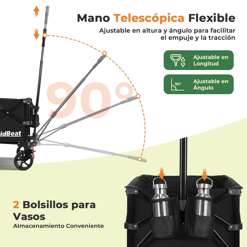SLIDBEAT Carro de Playa Plegable (150L) para Camping, Picnic y Jardín. Carga 150KG, Ruedas Todo Terreno, Doble Freno y Mango Ajustable. Recipiente Interior Extraíble y Lavable a Máquina