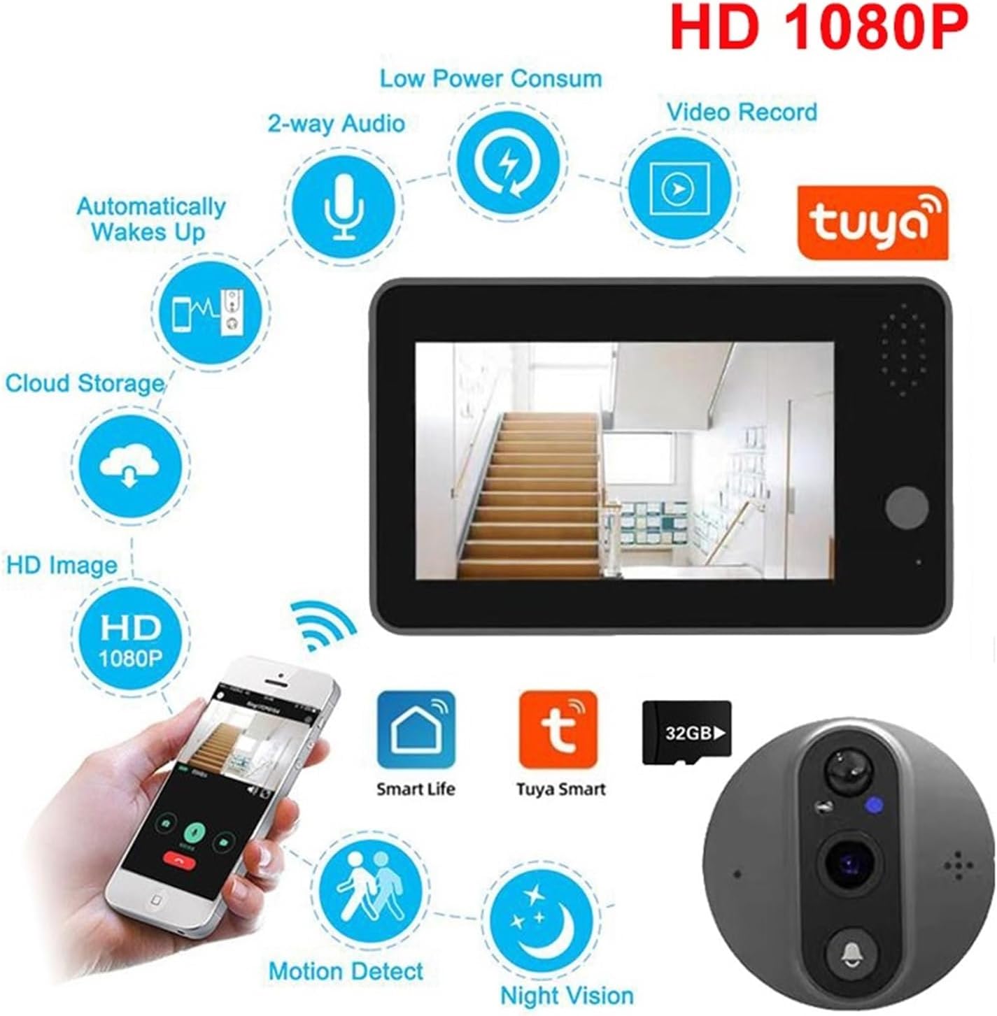 Diagram illustrating key features of the Tuya Smart Home Video Doorbell including 1080P HD, 2-way audio, low power, video record, cloud storage, HD image, motion detect, night vision, and app connectivity.