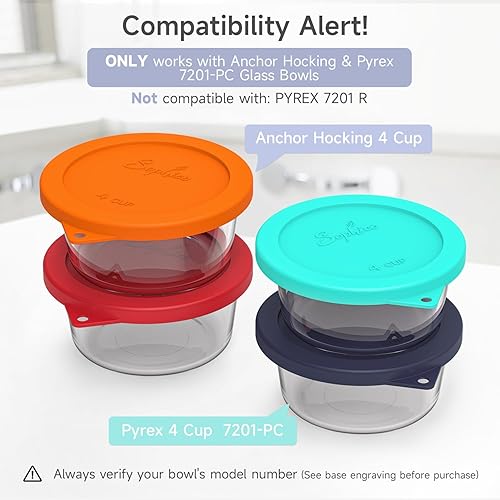 Miniatura 2 de Sophico Tapa redonda de almacenamiento de silicona de 4 tazas de repuesto para cuencos de vidrio Anchor Hocking y Pyrex 7201 (recipiente no