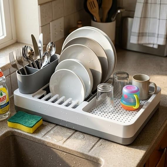 Tezgah Üstü Bulaşık Kurutmalık, Çok Bölmeli Tabak ve Bardak Düzenleyici, Kaşıklıklı Mutfak Organizer 42 cm