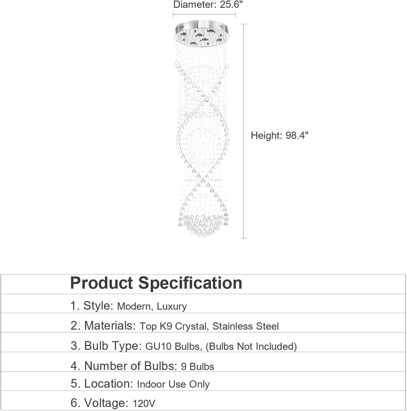 7PM Chandelier for Staircase, Crystal Foyer Chandelier High Ceiling, Modern Raindrop Chandeliers Flush Mount Ceiling Light Fixture for Spiral Staircase, Foyer, Entryway, High Ceiling W25.6 X H 98.4"