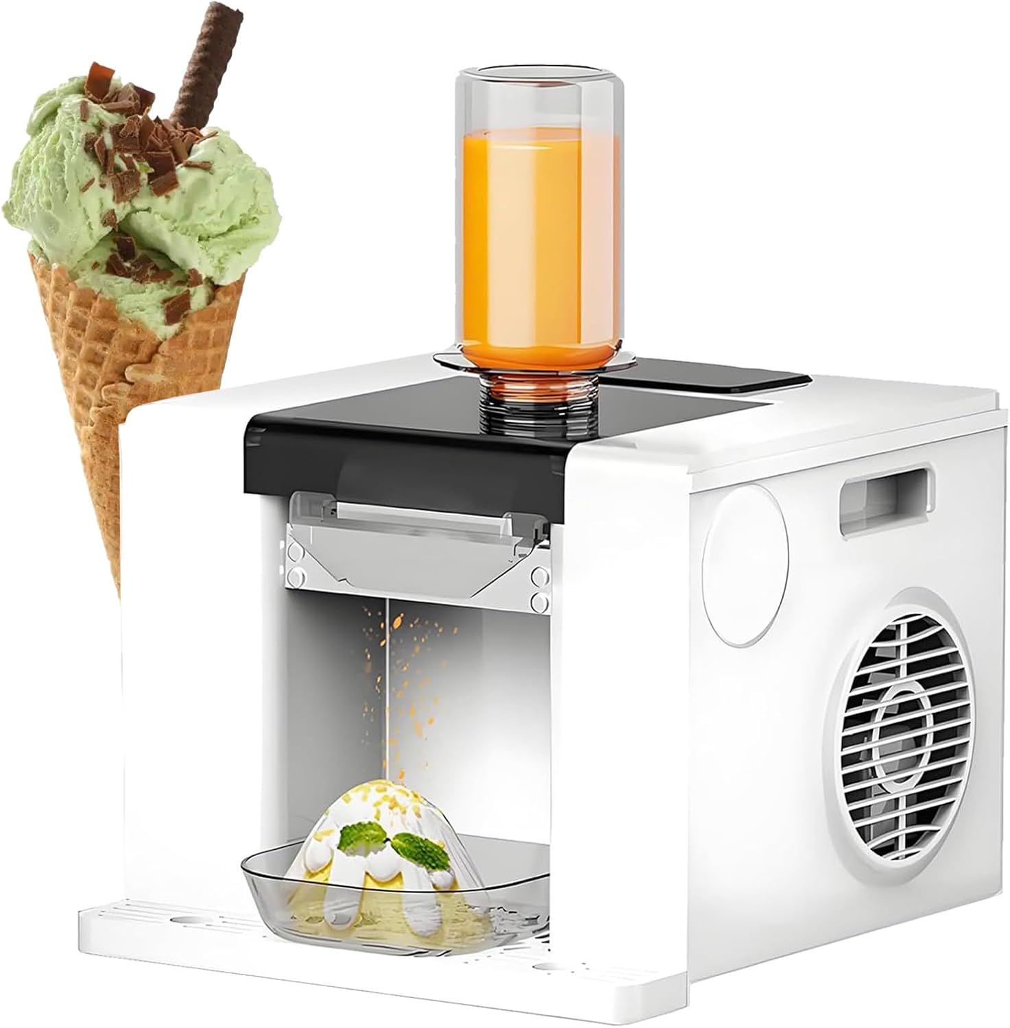 Automatic Snowflake Ice Cream Maker, Shaved Ice Machine with 750 ml Barrel and Receiving Tray, 60kg/24h, Stainless Steel Electric Ice Crusher for Party, Bars, Dessert Shops White