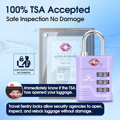 Vista 3 de SURE LOCK Cerraduras TSA para equipaje, cerraduras de equipaje aprobadas por la TSA con alerta abierta, llave 008 para alta seguridad, diales