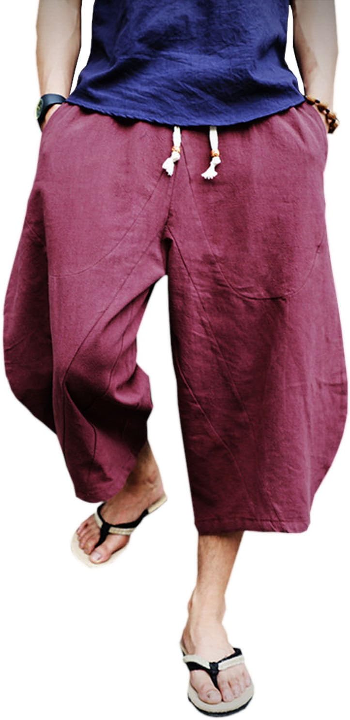 Mens Casual Baggy Cotton Linen Pocket Lounge Harem Pants Beach Long Shorts