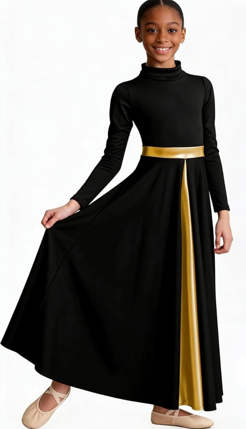 Girls Praise Dance Dresses High Neck Long Sleeve Dancewear Liturgical Dance Dress with Lining