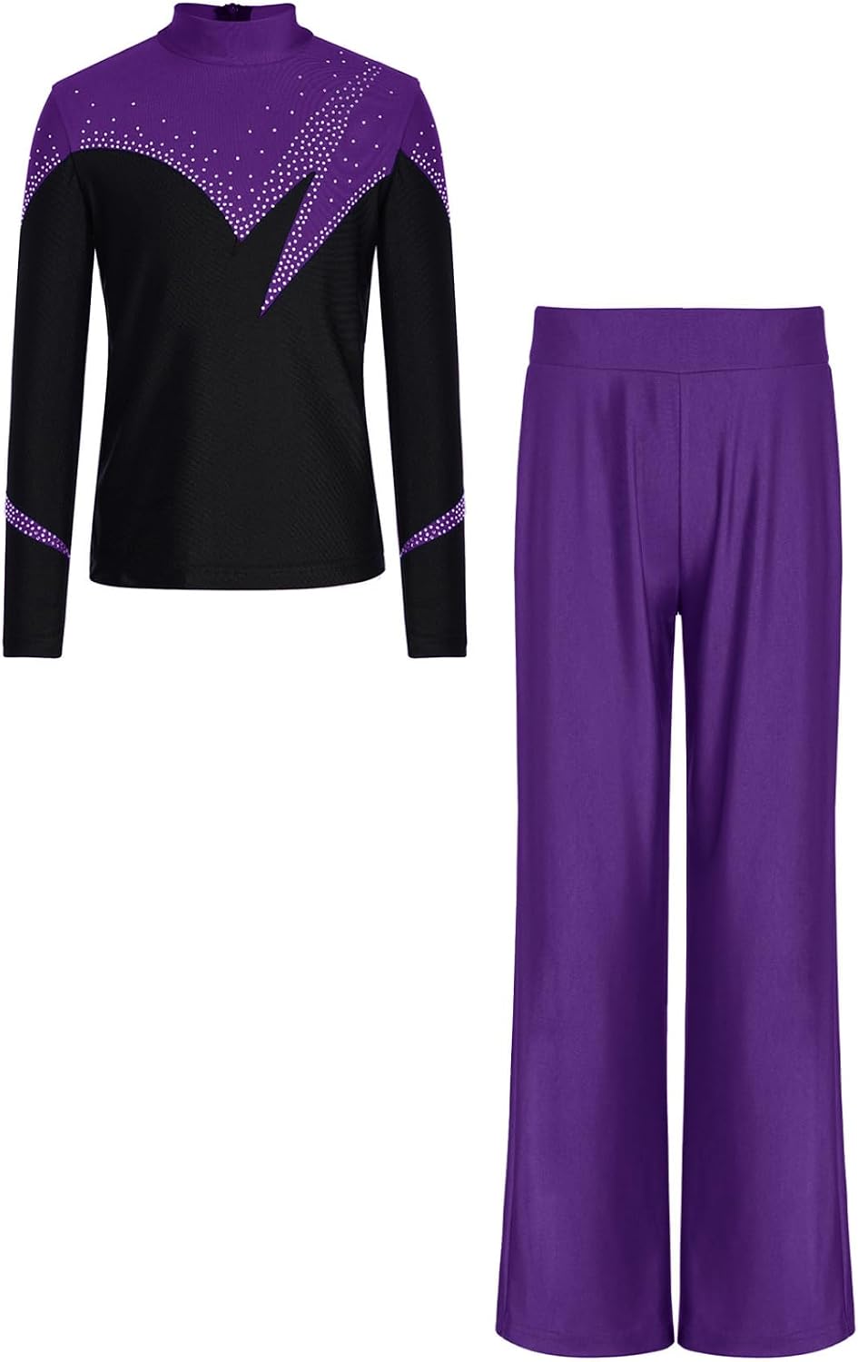 JEYPINMI Youth Girls Figure Skating Outfits Gym Training Suit Lyrical Dance Costume Rhinestones Top with Elastic Pants