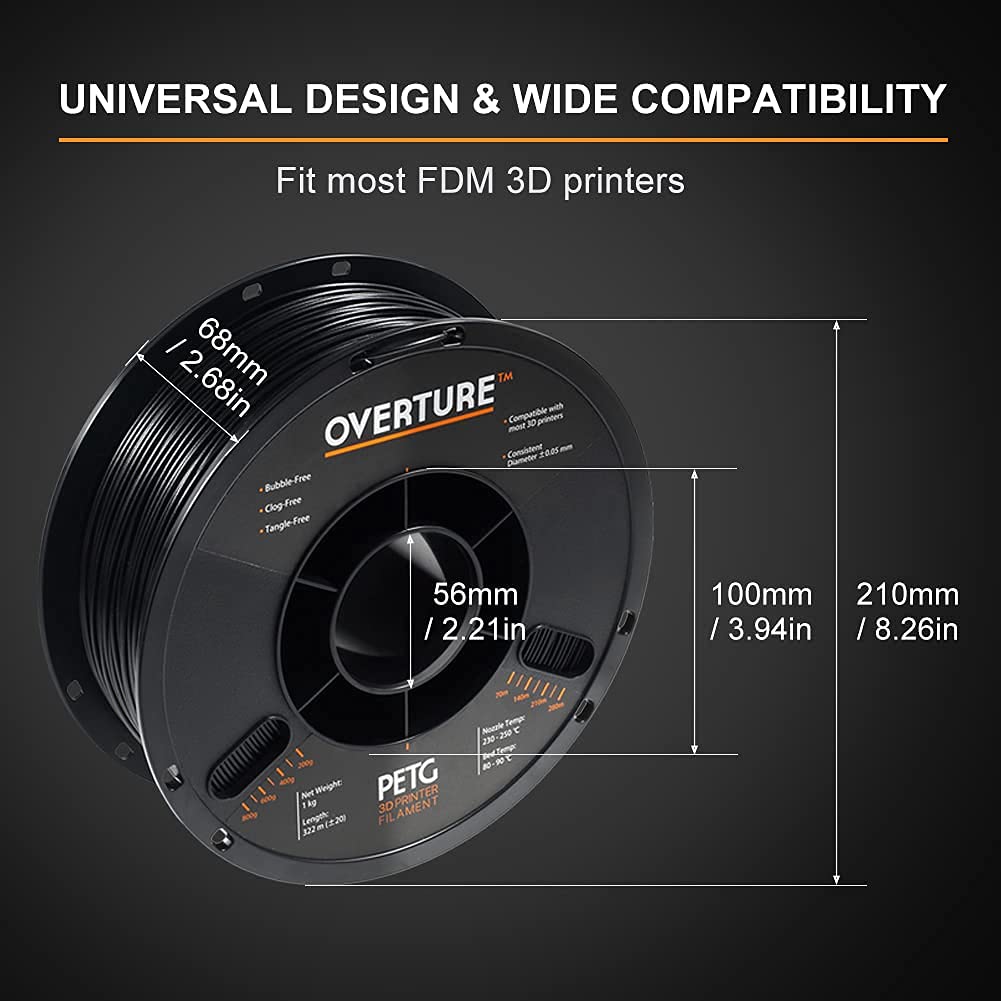 OVERTURE PETG Filament 1.75mm, 3D Printer Consumables, 6kg Spool (13.2lbs), Dimensional Accuracy +/- 0.05 mm, Fit Most FDM Printer (6 Color (6-Pack)) : Industrial & Scientific