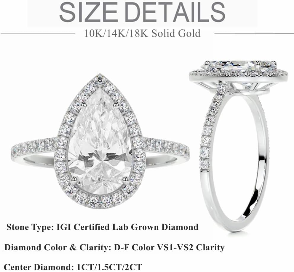 Pear Shaped IGI Certified Lab Grown Diamond Engagement Rings for Women 1CT-2CT Center Stone Pear Cut Lab Created Diamond Engagement Ring 10K 14K 18K Gold (D-F Color VS1-VS2 Clarity)