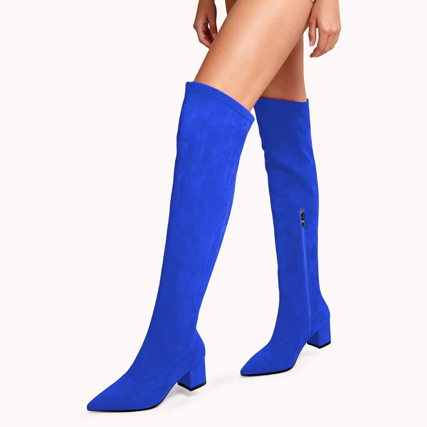 AUMOTED Women's Over the Knee Boots Pointed Toe Side Zipper Booties Suede Leather Thigh High Boots 2 In Walking Comfort