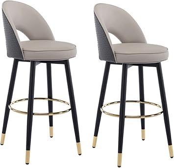 Set of 2 Round Leather Swivel Barstools Counter Height s Bar Stools with Back, Black Metal Leg with Gold Round Pedal Kitchen Island, for Breakfast, Lounge, Pubs Color Khaki Grey Comfortable