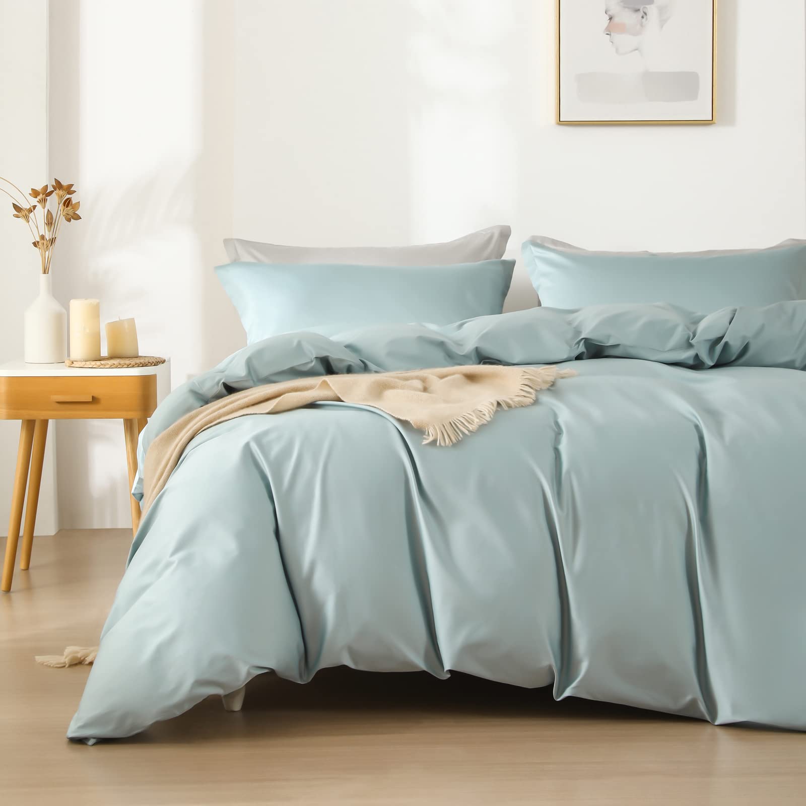 homebox Cotton Duvet Cover Set - 100% Egyptian Cotton Sage Green Bedding Set Queen Size - 1200 Thread Count Breathable and Soft Duvet Cover Set for All Seasons(Queen, 90x90'')