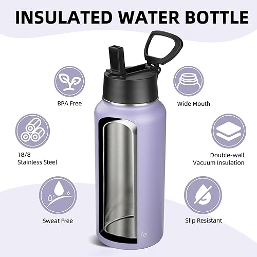 Miniatura 2 de Botella de agua aislada con popote, botella de agua deportiva de acero inoxidable aislada al vacío de 32 onzas, mantiene el frío y el calor, botella