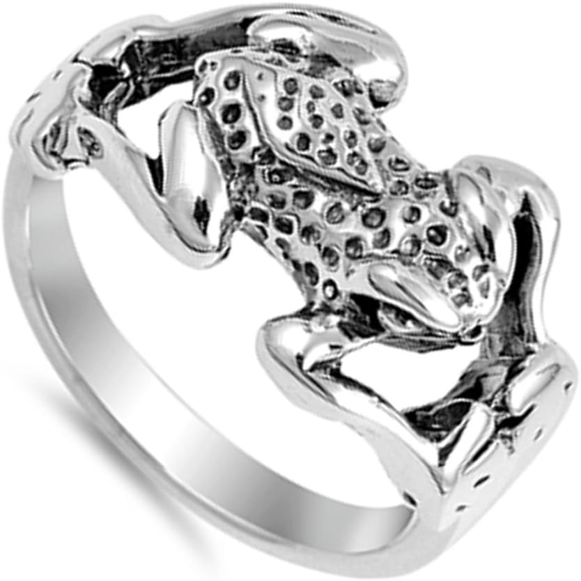 Antiqued Spotted Frog Jumping Animal Ring .925 Sterling Silver Band Sizes 4-10