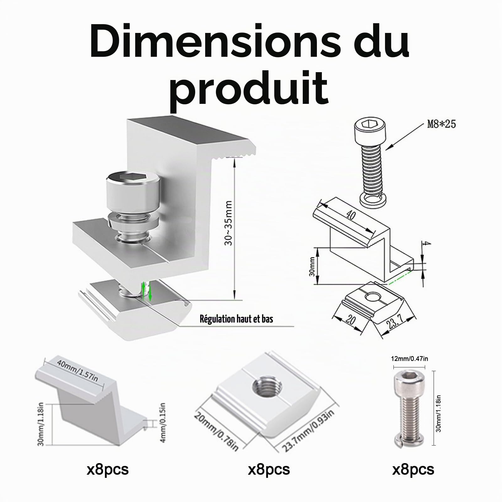 8 Pièces Supports de Panneau Solaire 30 mm en Alliage D'aluminium, Pinces D'extrémité pour Panneau Solaire avec Vis en Z, Support de Pince à Bord pour Module Solaire