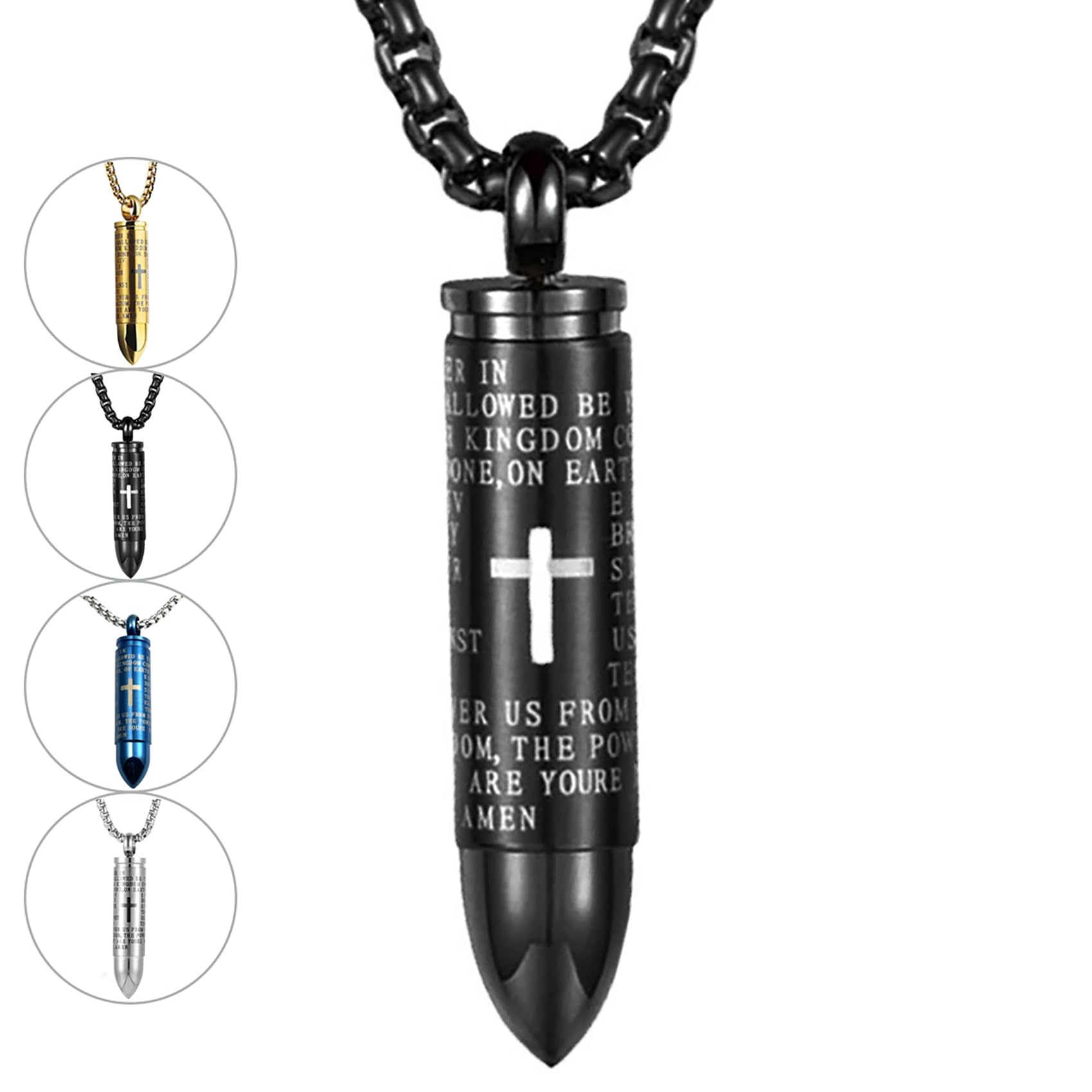 JWM Stainless Steel Bullet Pendants Cremation Urn Ashes Necklaces Cross Lords Prayer in English, 21.7" Square Pearl Chain