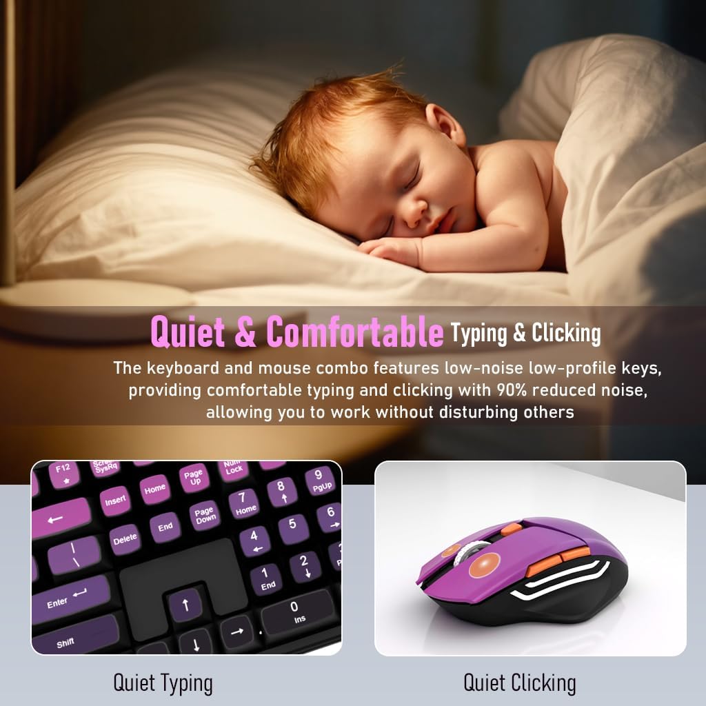 Wireless Keyboard and Mouse Combo, Rechargeable and Quiet, Full-Size with Number Pad, MDA Sculpted Keycaps, Ergonomic Mouse, 2.4GHz Cordless Plug & Play for Windows PC Laptop Desktop(Lavender Purple
