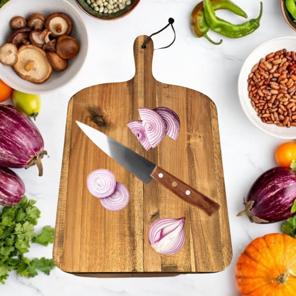 Tabla de Cortar para cocina de Madera Acacia Natural Hecha a Mano con Mango Ergonómico - Duradera y Resistente al Desgaste - Ideal para Carne, Verduras, Pan y Charcutería - Elegante.38x20