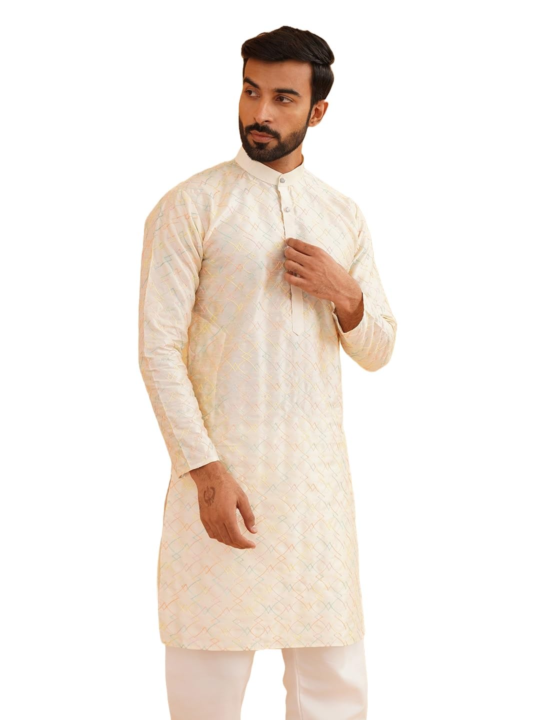 Sojanya (Since 1958 Men's Silk Blend Cream Kurta With Multi Color Embroidery
