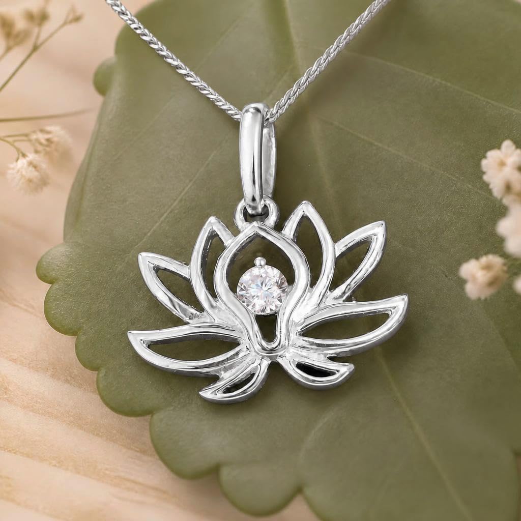 CLEVER SCHMUCK Kette Silber 925 Damen Lotusblume 22 mm Zirkonia + Panzerkette 45 cm STERLING im Etui creme