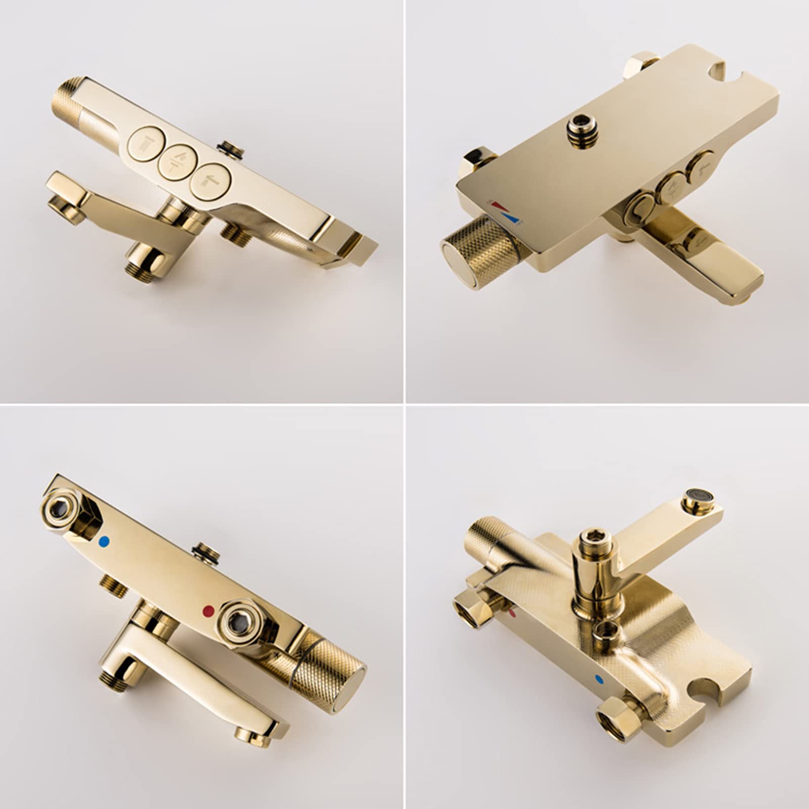 Zestaw prysznicowy Gold Button z baterią natryskową montowaną na ścianie, z głowicą prysznicową, prysznicem ręcznym, wylewką wannową i natryskiem bidetowym.,