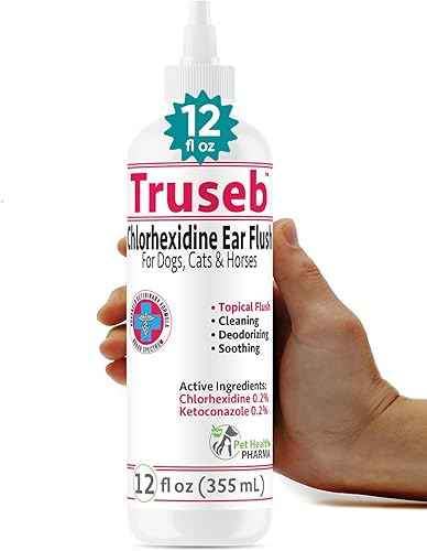 Truseb Tratamiento de infección de oído de perro de máxima resistencia, solución limpiadora de oídos para gatos y perros, medicada con clorhexidina