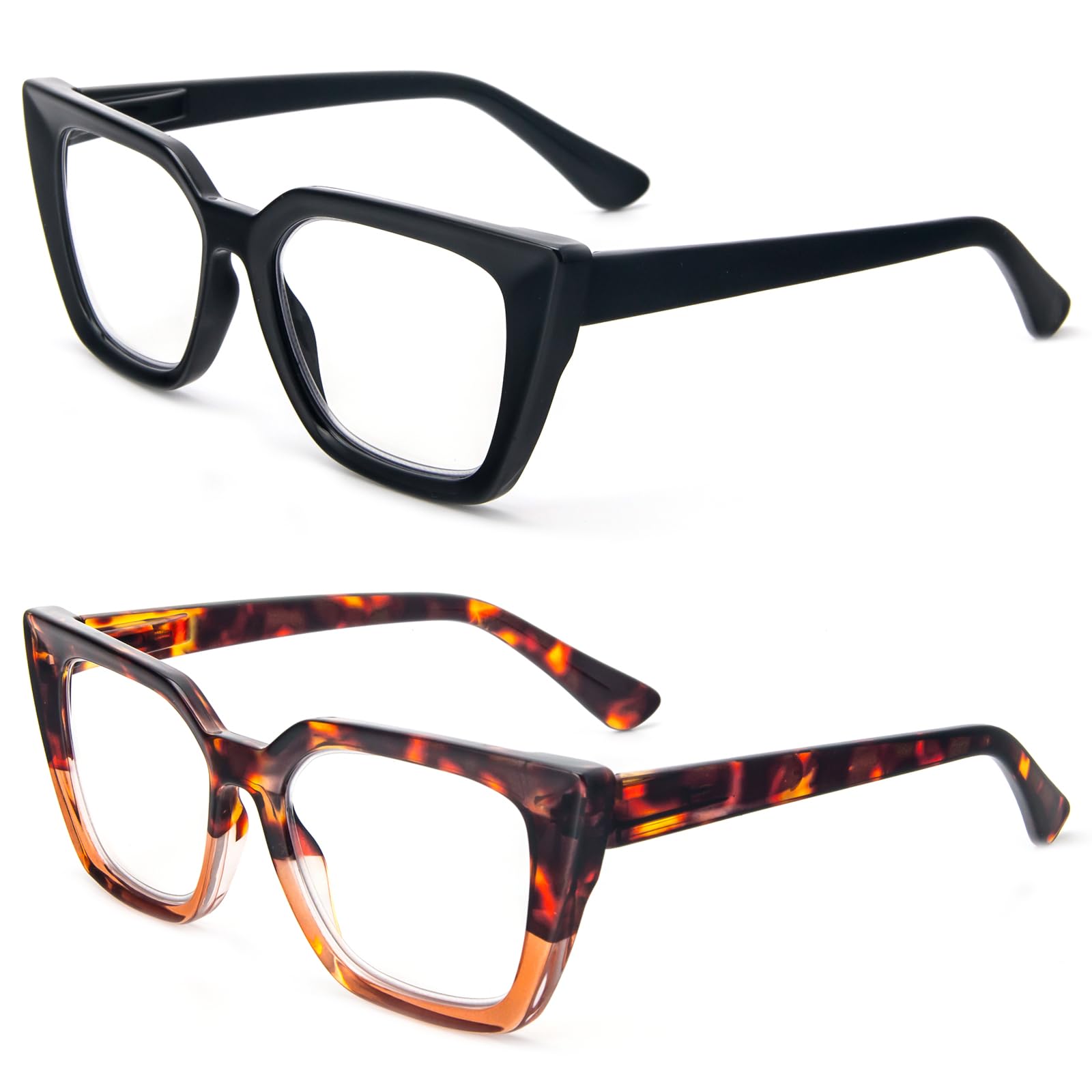 Kodilin 2 Pack Occhiali da lettura donna Oversized Square Anti Luce Blue Computer Lettori Uomo con cerniera a molla (+3.0, nero leo tartaruga)