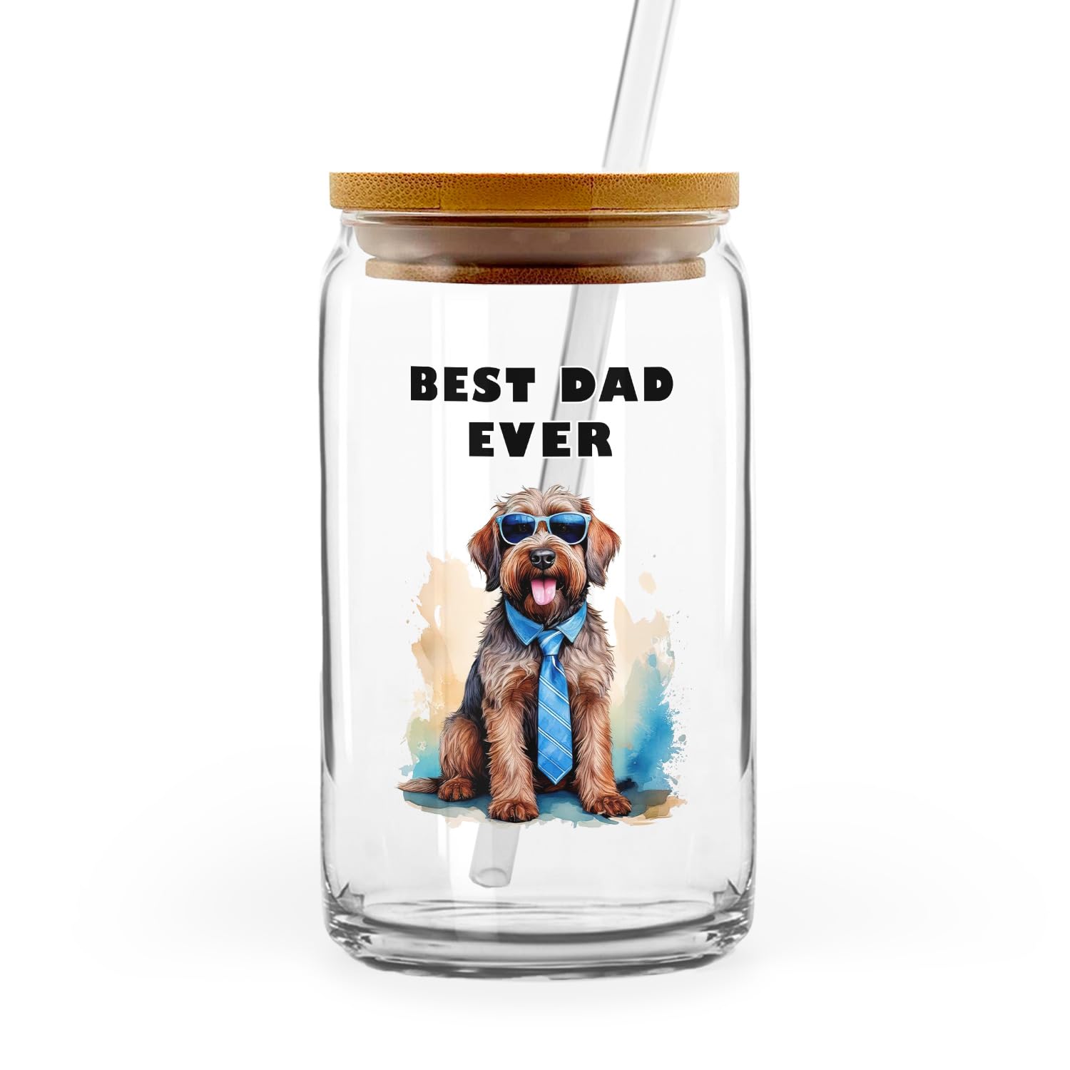 Ninety3POD Happy Father's Day Best Wirehaired Pointing Griffon Cool Dad Ever Glass Cup Mug Dog Lover 16oz Glass Can with Bamboo Lid and Straw 12007