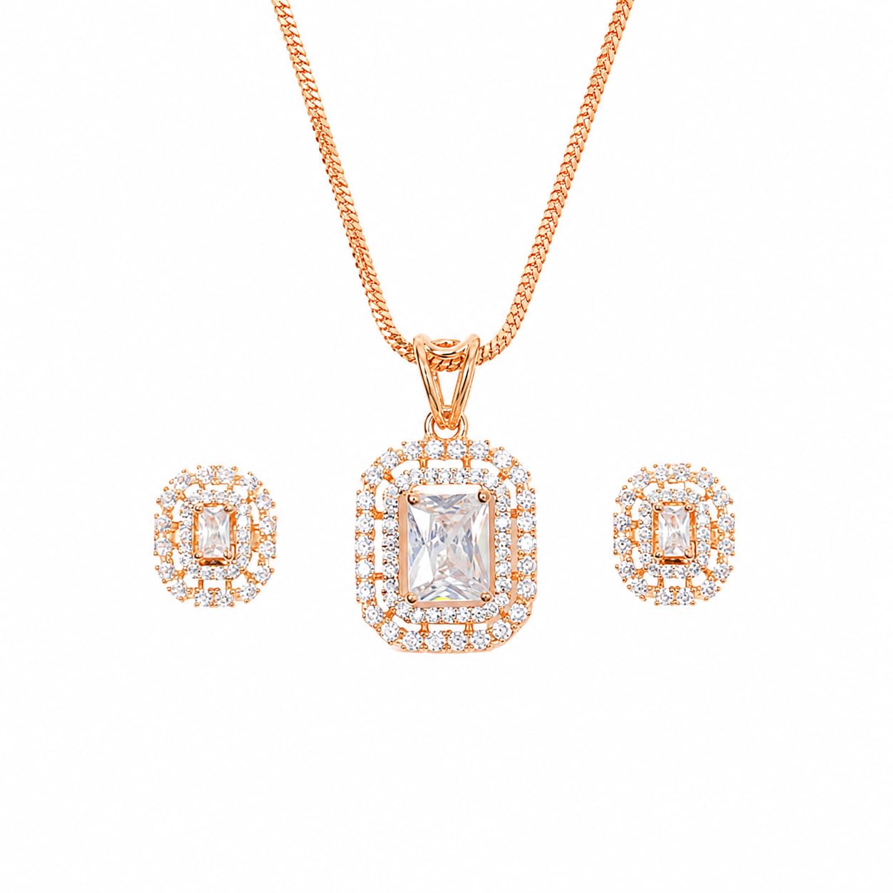 Sati Gold Plated Pendant Necklace and Stud Earrings Set for Women, Emerald Cut Cubic Zirconia Halo Jewelry Set, Elegant Wedding, Party & Anniversary-image-47