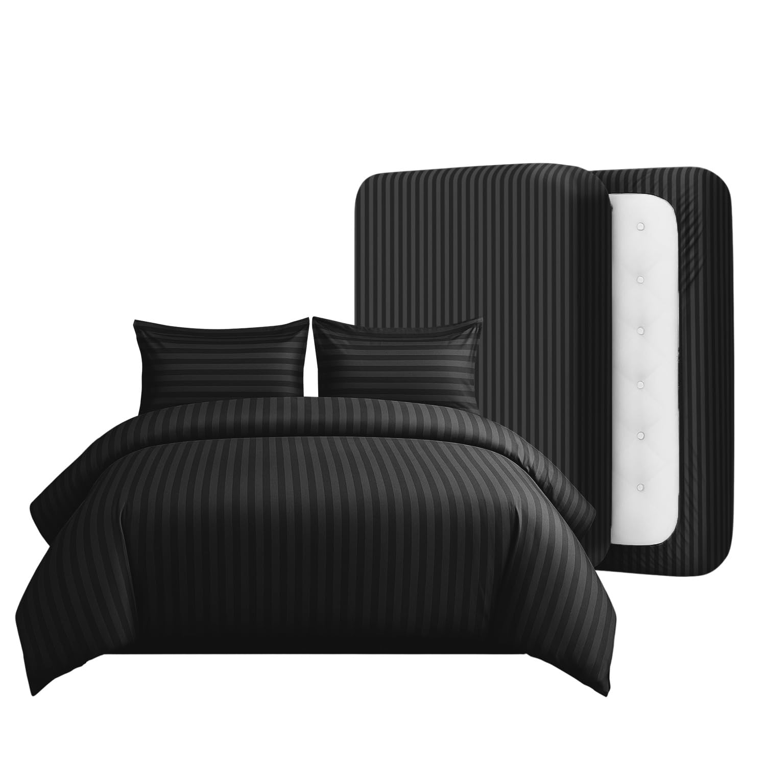 Casabella King Size Duvet Cover Sets - 4 Pc Luxury Duvet Brushed Microfiber Full Set - Duvet Cover, Fitted Sheet & Pillowcase 2 Pack- Soft & Durable Duvet King Size Set - Stripe Black Bedding — image 1