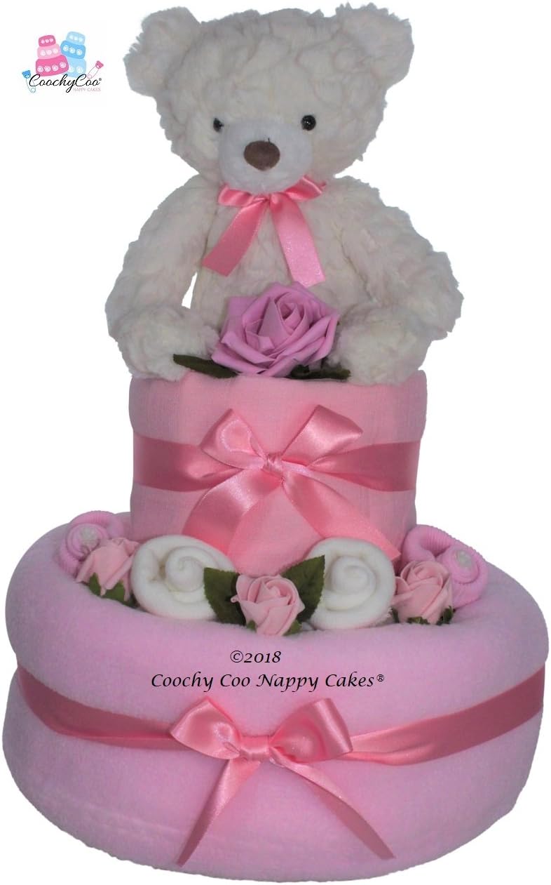 New Baby Girl Teddy Bear Nappy Cake Baby Shower Gift Free Delivery Two Tier (Pink)