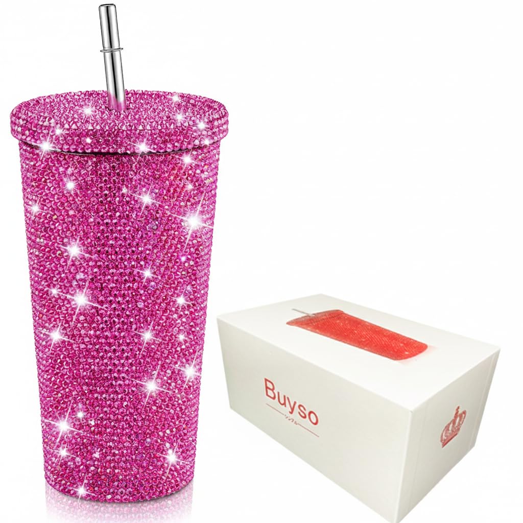 Studded Diamond Tumbler Bling Rhinestone Glitter Thermal with Lid Reusable Insulated Stainless Steel Bling Premium Vacuum Cup Aesthetic Water Bottle Gift (Pink, 16.9 oz / 500 ml)