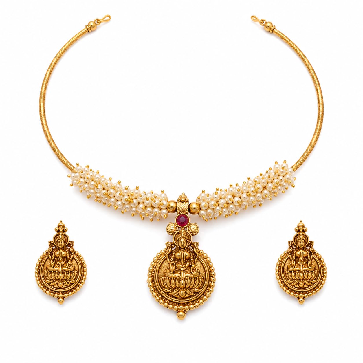 Temple Jewellery Lakshmi Pendant Choker Necklace and Earrings Set-image-32