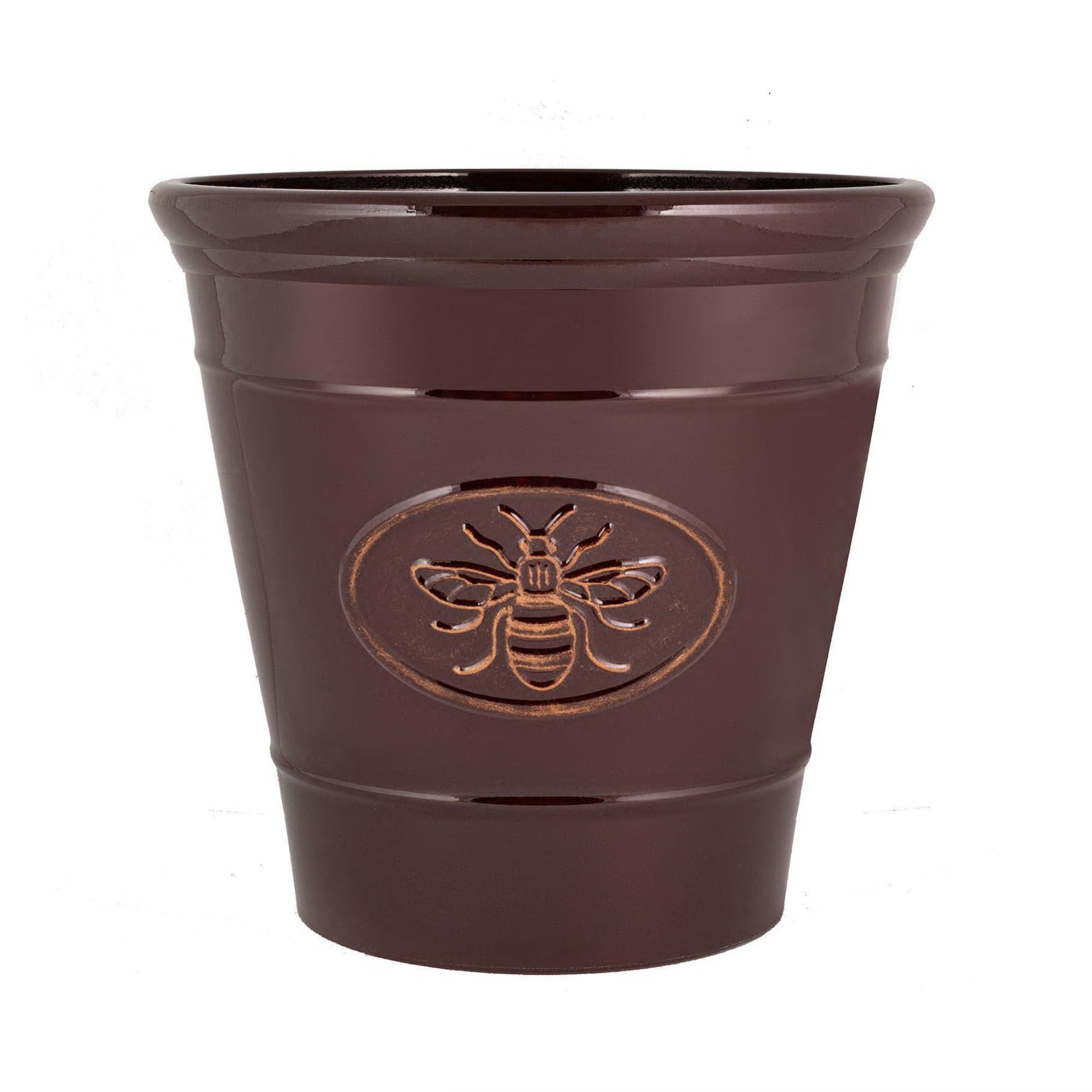 Round Plastic Bee Embossed Plant Pots, Saucers Long Lasting Flower Garden Indoor Outdoor Drainage Holes Planter Cover Weather, Frost Proof Glossy Effect (30cm Brown Planter)