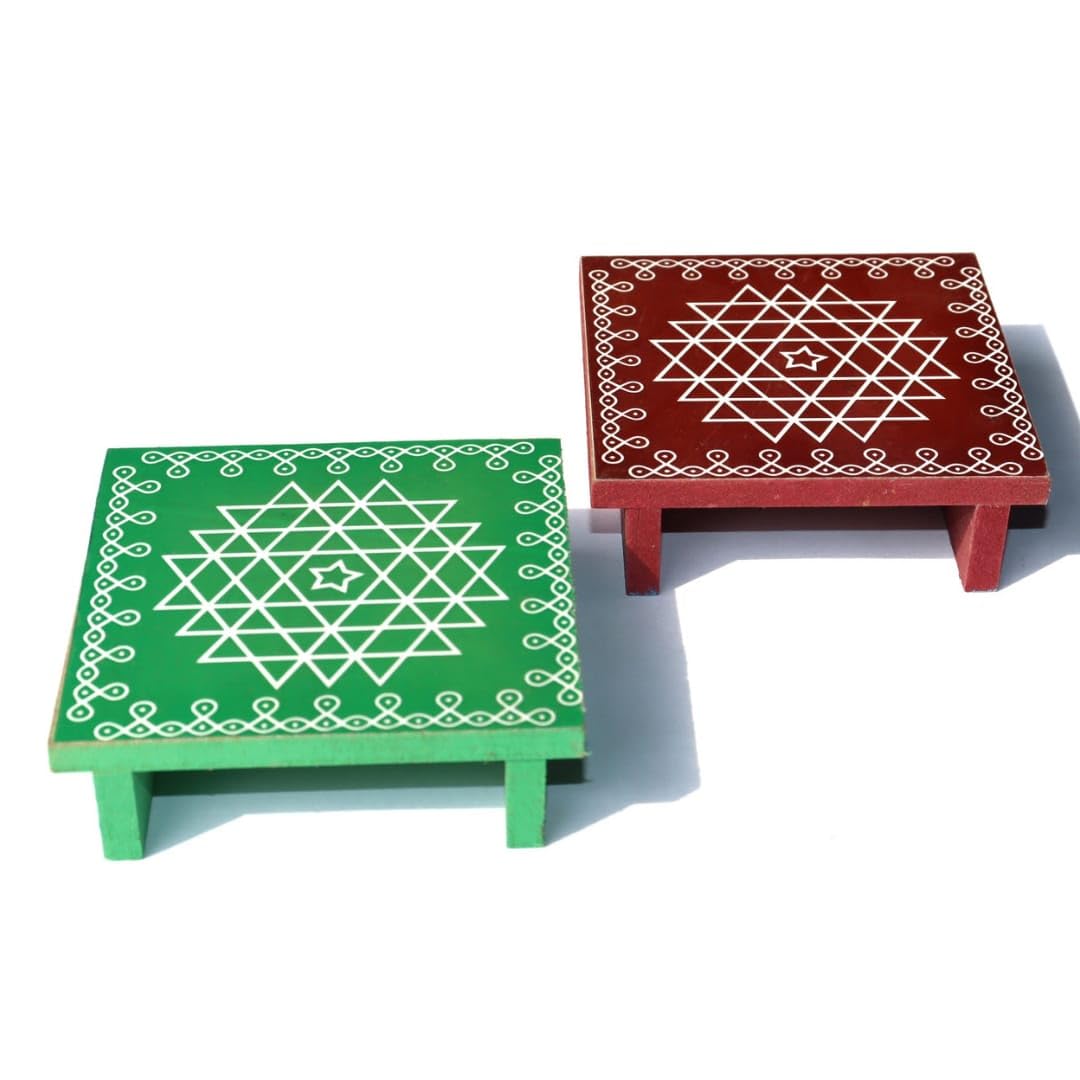Auspicious Sri Chakra Wooden Stand Puja Chowki Size | Manai kolam | Diya Base | Diya Stand | wooden manai for idols | Aishwaryam board | wooden chowki | Stand for diya Pack of (2) (4*4 inch) (B0D1NVT5PL) Amazon Price History, Amazon Price Tracker
