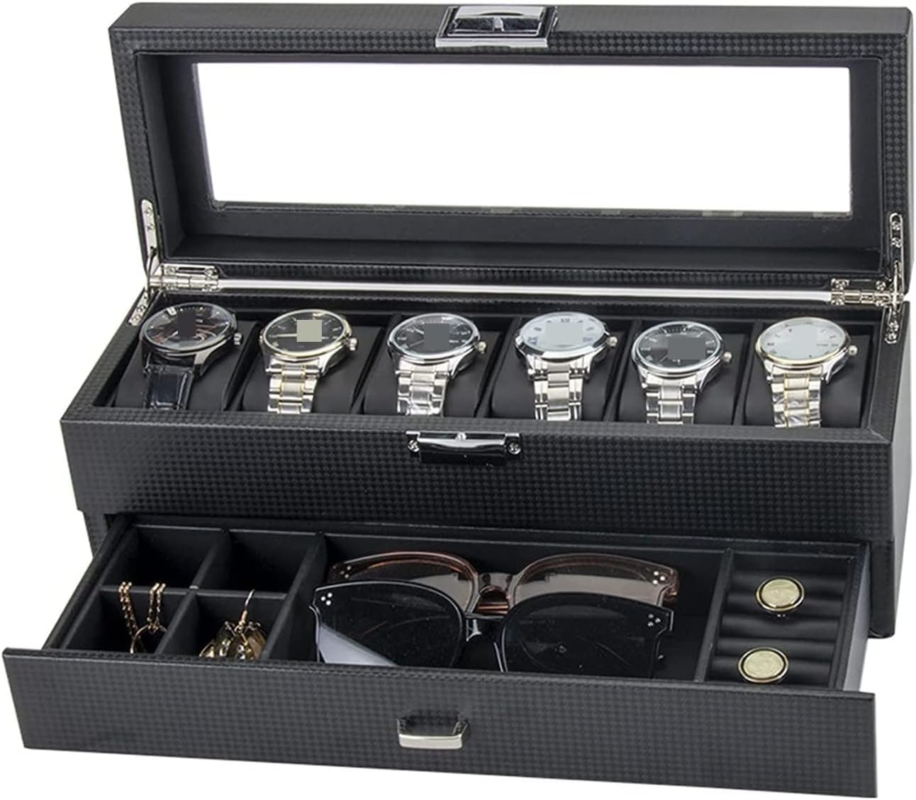 Uhrengehäuse, PU-Leder, doppellagig, 6 Fächer, Uhrenbox mit Schublade, transparente Oberseite, abschließbare Sonnenbrillen-Aufbewahrungsbox, Uhrenbox