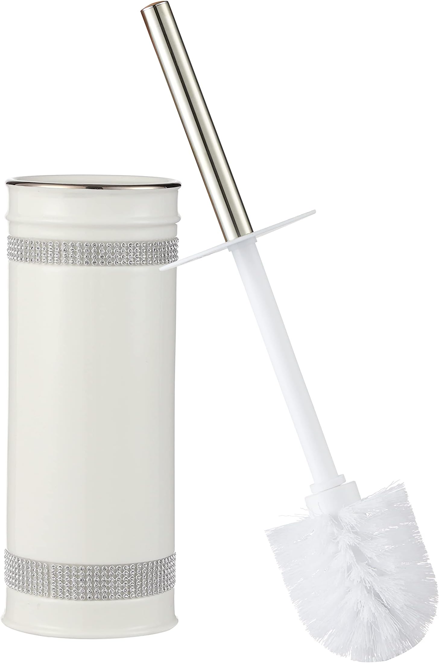 Bathroom Accessories Ceramic Toilet Brush Set - Toilet Bowl Brush and Holder (Rhinestones, White)