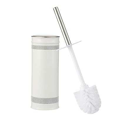 Motifeur Bathroom Accessories Ceramic Toilet Brush Set - Toilet Bowl Brush and Holder (Rhinestones, White)