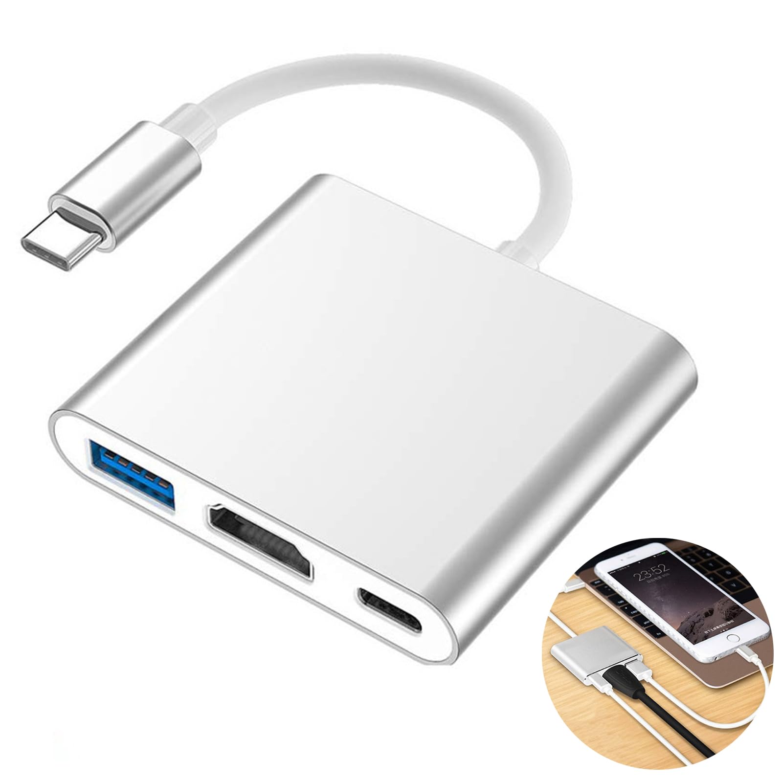 3-in-1 Type C Multiport Converter with 4K Output and 100W Charging USB 3 0 and AV Port Hub