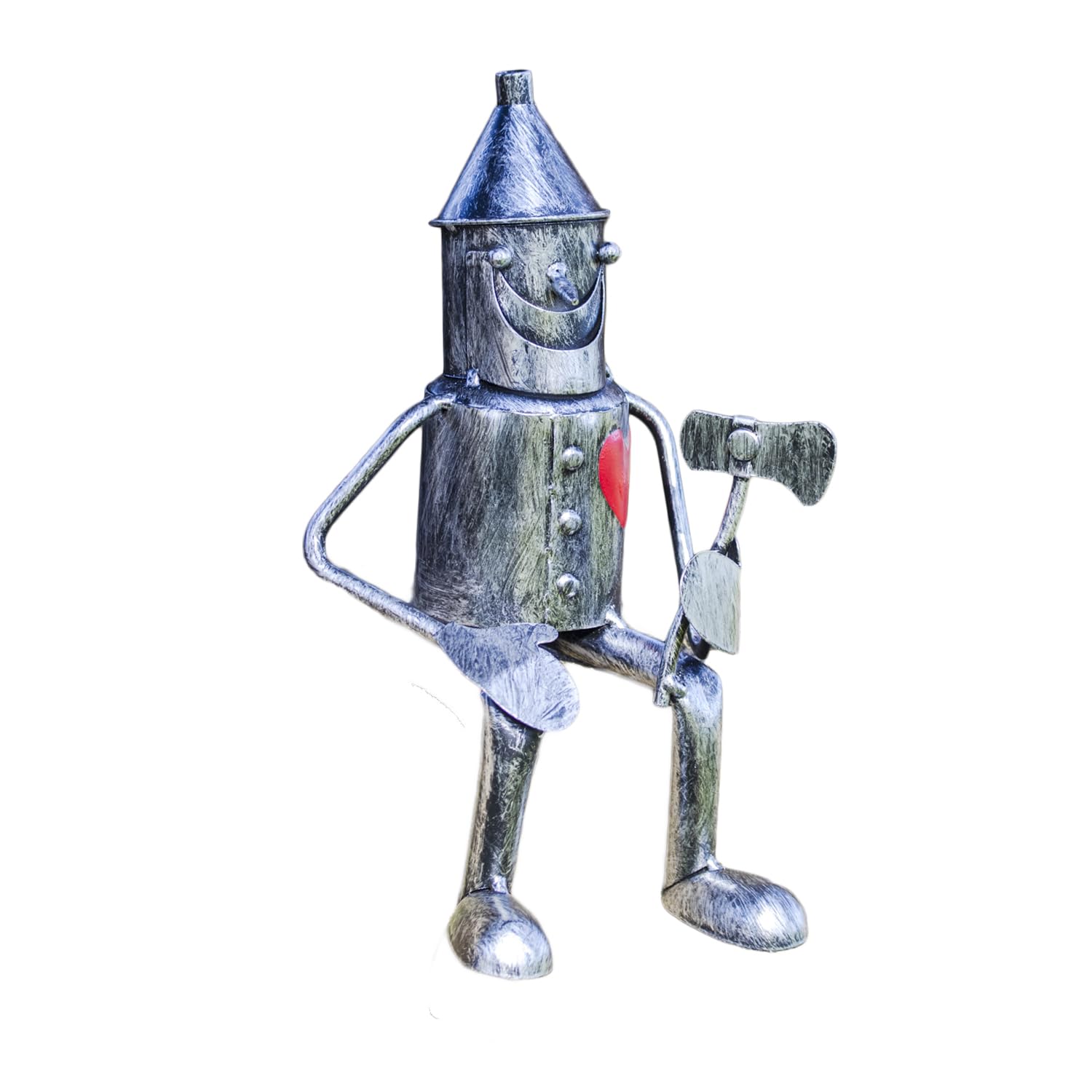 Darthome Sitting Tin Man Metal Garden Ornament, Silver with Red Heart Detail, Distressed Finish, Indoor/Outdoor Shelf Decor, 10x21x12cm