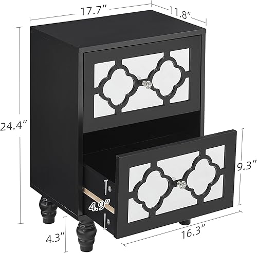 Miniatura 3 de GAOMON Juego de 2 mesitas de noche negras, mesa auxiliar de lujo con 2 cajones de almacenamiento y perilla en forma de cristal, mesita de noche con