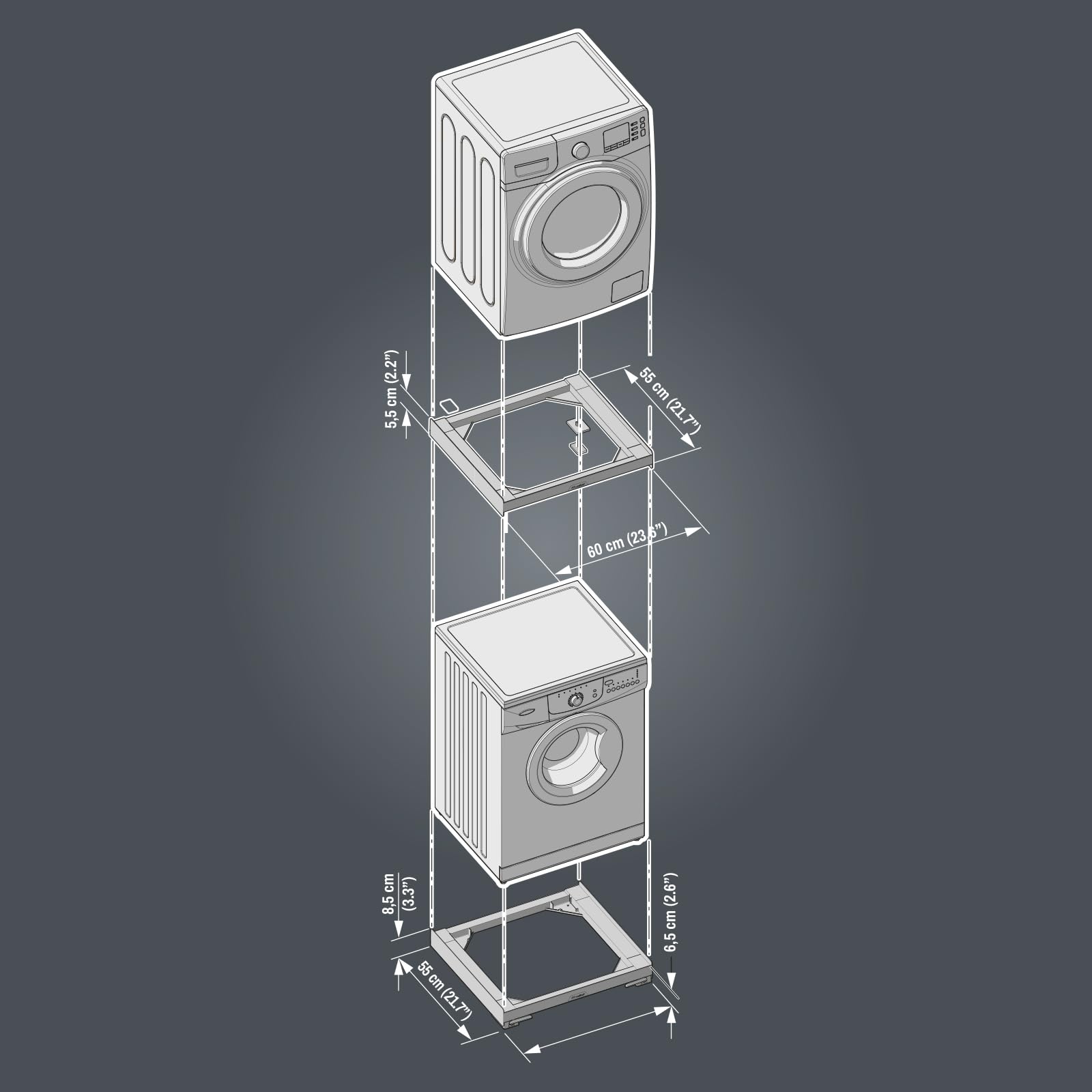Meliconi Torre Slim L45 | uniwersalna rama pośrednia do suszarki i pralki Slim o głębokości 46 cm, wstępnie zmontowana, pas bezpieczeństwa z metalową klamrą, w zestawie: nośność: 250 kg