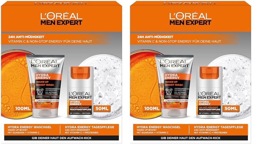 L'Oréal Men Expert Pflegeset gegen müde Haut für Männer, Geschenkset mit Waschgel und Gesichtscreme 24H Anti-Müdigkeit, Geschenke für Herren mit Vitamin C, Hydra Energy, 1 x 100 ml, 1 x 50 ml
